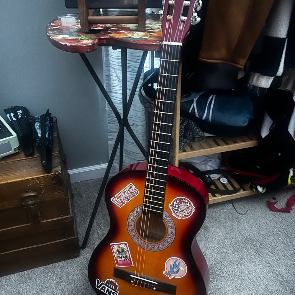 Red Acoustic Guitar with Stickers (removable)